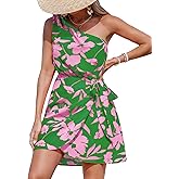 CUPSHE Women's One Shoulder Leaf Print Self-tie Short Dress Sleeveless Tiered Hem Formal Dress Casual Mini Dress