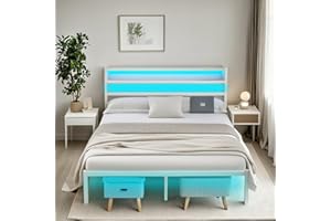 CLIBFENG Full Size Bed Frame with Headboard,Heavy Duty Steel Slats Support-LED Bed Frame with USB Charging Station,Mattress Foundation-Under Bed Storage,No Box Spring Needed,Noise Free,White