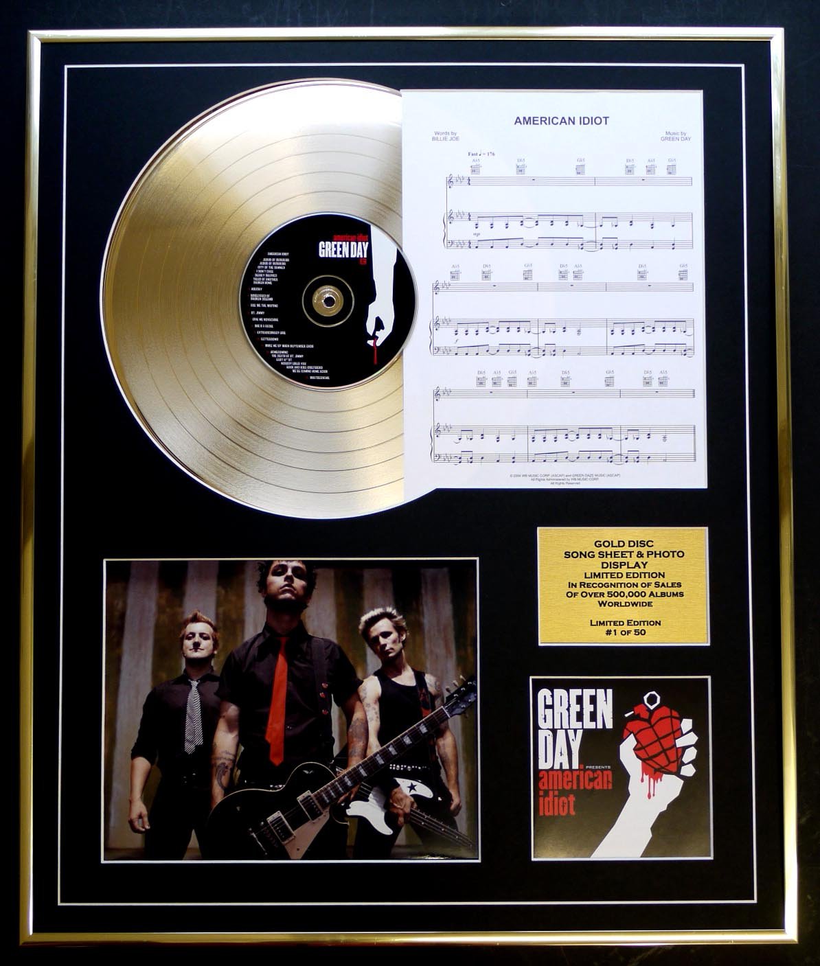 GREEN DAY/CD GOLD DISC, SONG SHEET & PHOTO DISPLAY/LTD. EDITION/COA/ALBUM AMERICAN IDIOT/SONG SHEET AMERICAN IDIOT