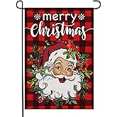 Doncida Merry Christmas Garden Flag 12x18 Inch Double Sided Burlap Santa Claus Red Buffalo Plaid Wreath Small Holiday Winter Xmas Yard Flag for Outside Decoration