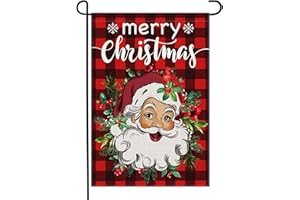 Doncida Merry Christmas Garden Flag 12x18 Inch Double Sided Burlap Santa Claus Red Buffalo Plaid Wreath Small Holiday Winter Xmas Yard Flag for Outside Decoration
