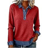 Waffle Knit Tops for Women Denim Collar Sweater Patchwork Unique Sweaters Long Sleeve Lapel Casual Fashion Clothes