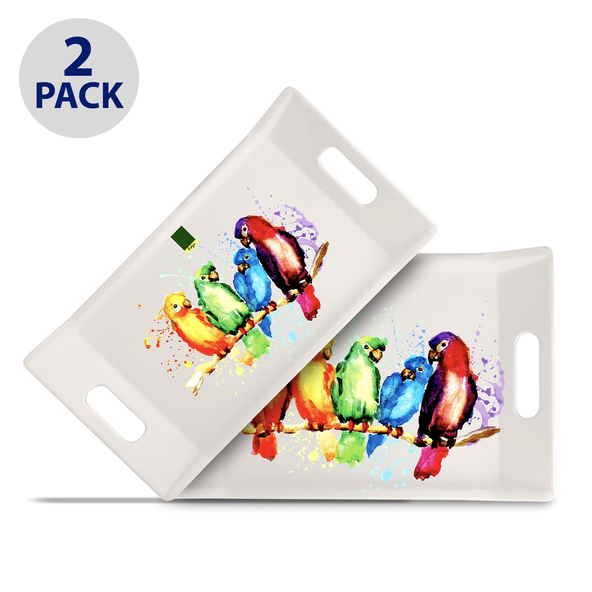 EDGO Set of 2 Serving Trays, 100% Melamine, Dishwasher Safe, Gloss Finish & Contemporary Designs (Tropical Parrot)