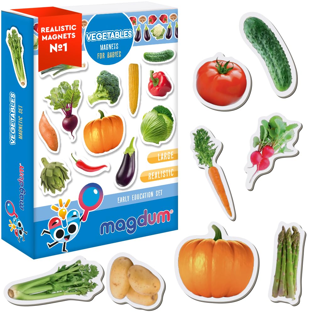 Vegetable Magnets for Kids - Magdum - 25 Large Fridge Magnets - Realistic Vegetable Learning Toy for Toddlers - Educational Kitchen Play Set - Strong Durable Safe Magnets - Gift