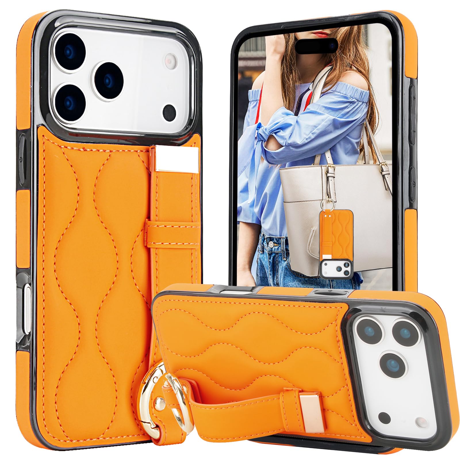 Photo 1 of CCSmall for Apple iPhone 17 Pro Case with Wrist Strap Kickstand, PU Leather Cute Phone Cover with Finger Ring for Women Girls Protective Case for iPhone 17 Pro, ZWD Orange