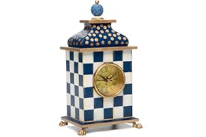 MACKENZIE-CHILDS Desk Clock, Decorative Wood Clock for Kitchen and Living Room, Blue-and-White Royal Check
