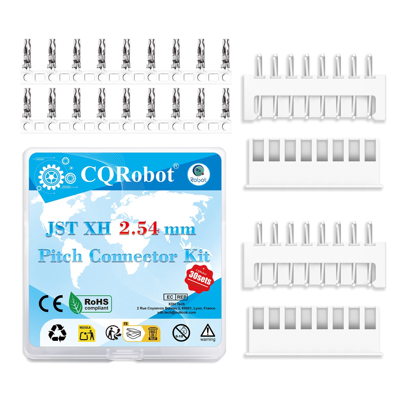 CQRobot JST XH 2.54 mm Pitch 8-Pin Electronic Computer Connector IC Male Plugs, Female Sockets Housing and T-Shaped Crimp Terminal Kit. 30 Sets/300 Pieces Wire-to-Board Adapter Cable Assembly.