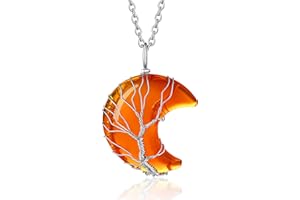 Bestyle Tree of Life Wrapped Healing Crystal Necklaces 12 Month Birthstone Pendant for Women Grils, Crescent/Heart Gemstone J