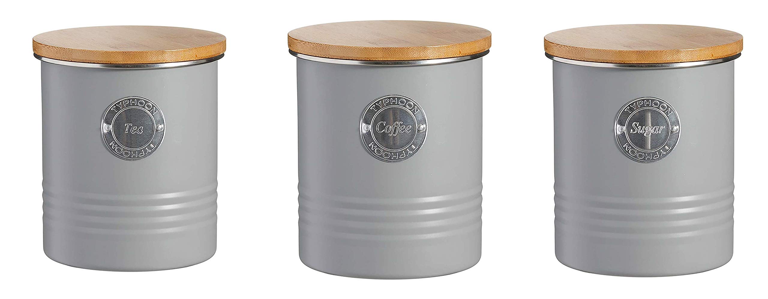 Typhoon Living Airtight Tea, Coffee and Sugar Storage Canister with Bamboo Lid, Set of 3, 1 Litre, Grey