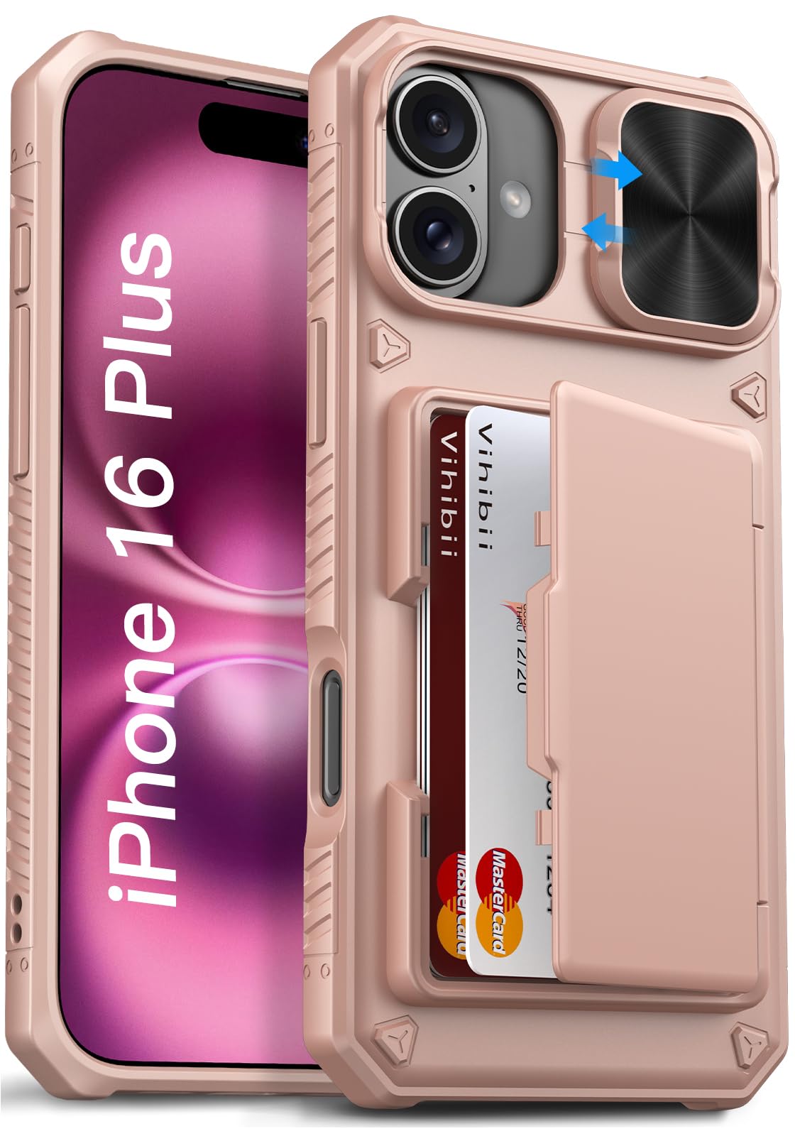 Vihibii for iPhone 16 Plus Case Wallet with Card Holder (4 Cards) [RFID Blocking] & Slide Camera Cover, Military Grade Drop Protection, Rugged Back & Silicone Edge Phone Case, 6.7" 2024, Rose Gold