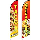 Tegeme 2 Pcs Tacos and Quesabirria Feather Flag 2.5x12 ft Mexican Food Swooper Flag Restaurant Advertising Feather Banner for Retail Stores Malls (No Flagpole)
