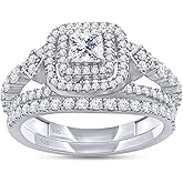 Double Halo Bridal Ring Sets for Women Round Lab Created Moissanite or Lab Grown Diamond Wedding Engagement Ring with Matching Wedding Band in 14k Gold Over 925 Sterling Silver Jewelry Gift for Her