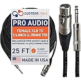 Custom Cable Connection 25 Foot Neutrik NC3FXX Female XLR to Neutrik Rean NYS228 1/4 Inch (6.35mm) TRS Balanced Pro Audio Cable