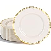Hioasis 60pcs Ivory Plastic Plates - Ivory and Gold Disposable Dinnerware with Gold Rim, Heavy-duty, 10 inch, Dinner Plates for Party & New Year