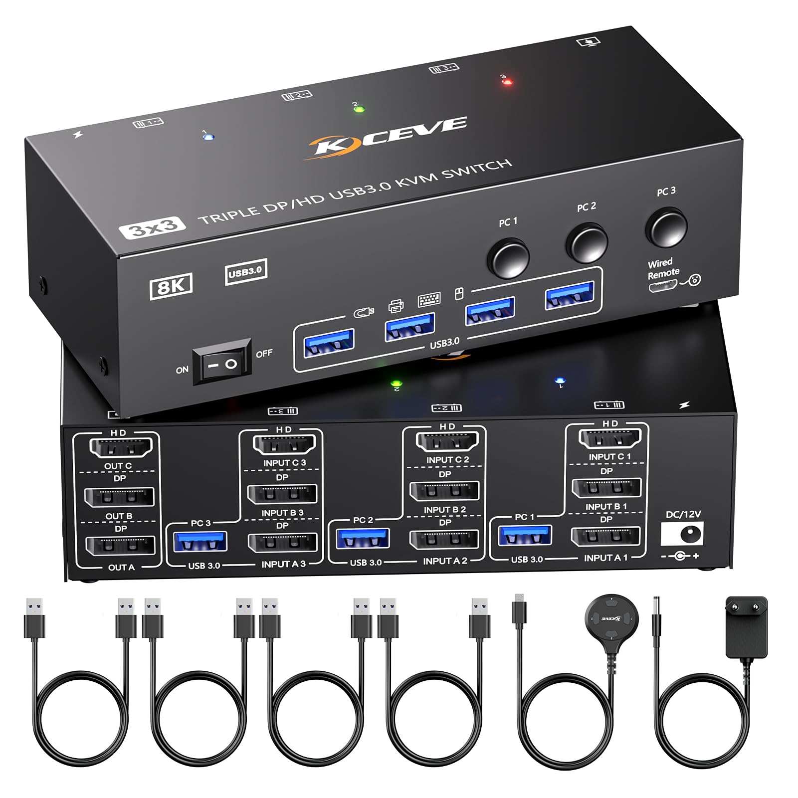 KVM Switch 3 PC 3 Monitore 8K@60Hz,MLEEDA HDMI Displayport KVM Switch Triple Monitor für 3 PC Teilen 3 Monitors und 4 USB3.0-Geräte, mit 12V DC Netzteil,Verdrahtet Fernbedienung und 3 USB-Kabel