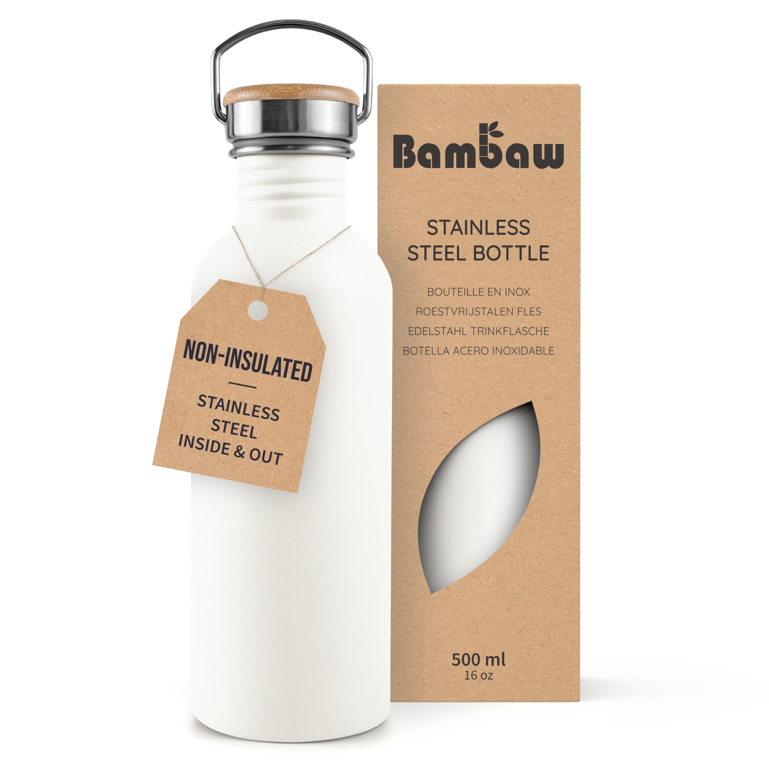 Bambaw Stainless Steel Water & Bottle 500ml, White, Non-Insulated, Metal, BPA Free, Wide Mouth