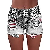 Flamingals Distressed Jean Shorts for Women High Waist American Flag Button Fly Raw Hem Denim Shorts
