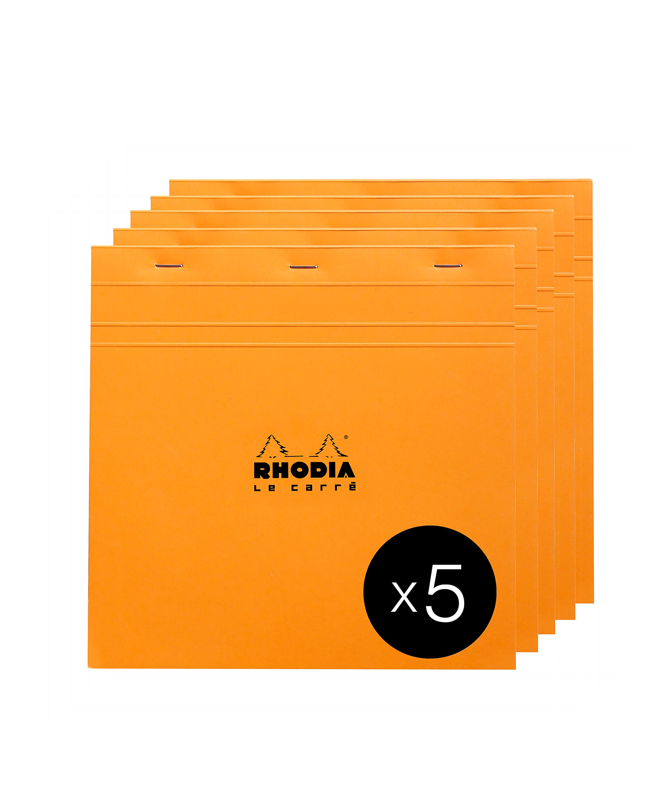 RHODIA 210200C - Stapled Notepad N°210 Orange - 21x21 cm - Small Squares - 80 Detachable Sheets - White Clairefontaine Paper 80 g/m² - Coated Card Cover - Pack of 5 pads