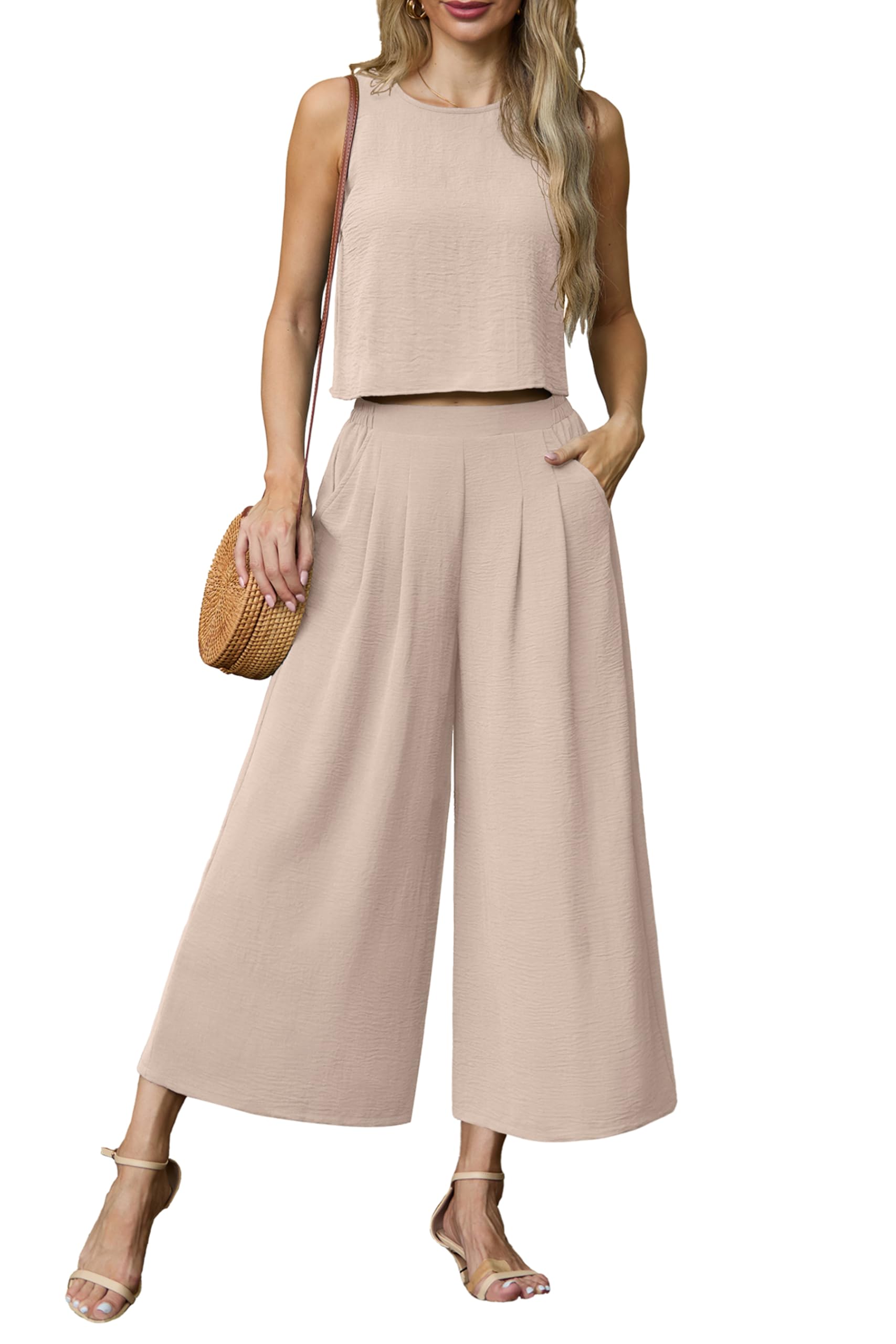 Photo 1 of **BOTTOMS ONLY**Lepunuo Womens 2 Piece Outfits Summer Sleeveless Crop Top Capri Wide Leg Pants Matching Sets Vacation Beach Travel Outfits, MEDIUM