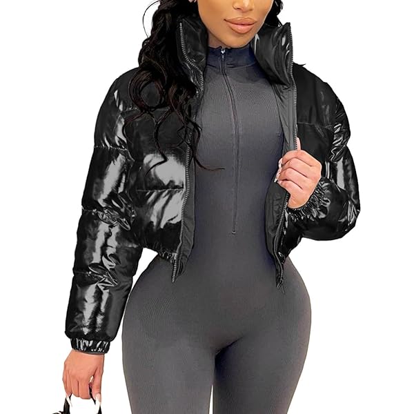 ジャケット・アウター Y2K Glossy Puffer Jacket w/ Fur Trim Zip Women's Y2K Cropped Puffer Jacket Quilted Shiny Winter Bubble