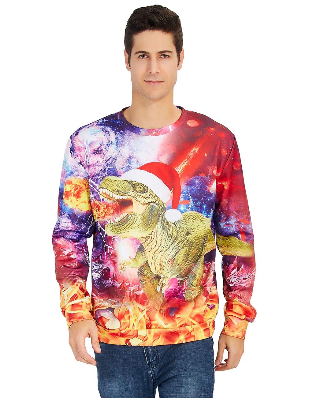 RAISEVERN Unisex Funny Dragon Print Ugly Christmas Sweater Crewneck Sweatshirt Long Sleeved XXL Dinosaur Green