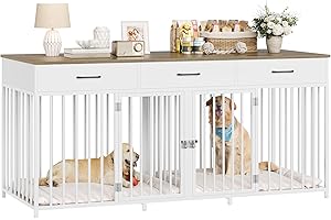 HOSTACK Double Dog Crates Furniture, 71" Wide Indoor Dog Kennel with 3 Drawers, Farmhouse Dog Cage for 2 Large/Medium Dogs, Heavy Duty Dog Crate with Removable Room Divider, Wooden Pet House, White