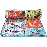 V Vedant Designs Bird Print Patchwork Cotton Kantha Quilt Throw Blanket Bedspread Gudari (Twin Size)