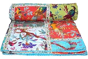 V Vedant Designs Bird Print Patchwork Cotton Kantha Quilt Throw Blanket Bedspread Gudari (Twin Size)