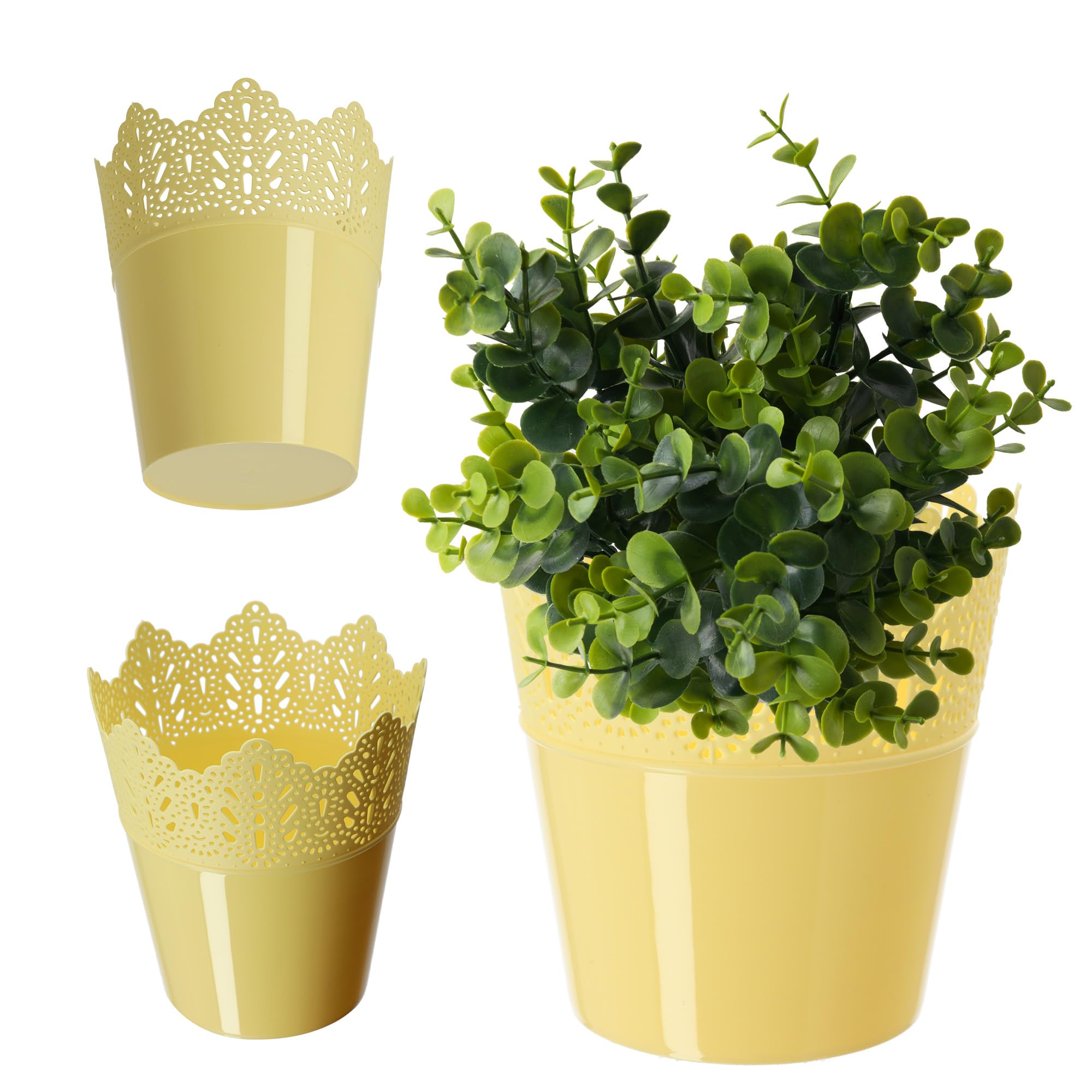 KADAX Plastic Lace Flower Pot, 9 Colours, Flower Pot with Lace Motif, Flower Pot Protector for Office, Pot, Garden Bowl, Flower Pot, Planter (Diameter 16.5 cm, Low, Yellow)