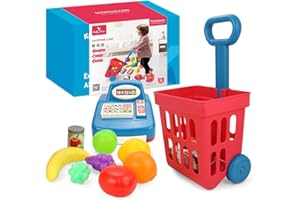 KID E WAN KidEwan Kids Shopping Cart Toddlers Groceries Cart Toy with Cash Register for Girls Boys Mini Shopping Play Set with Food Fruit Accessories