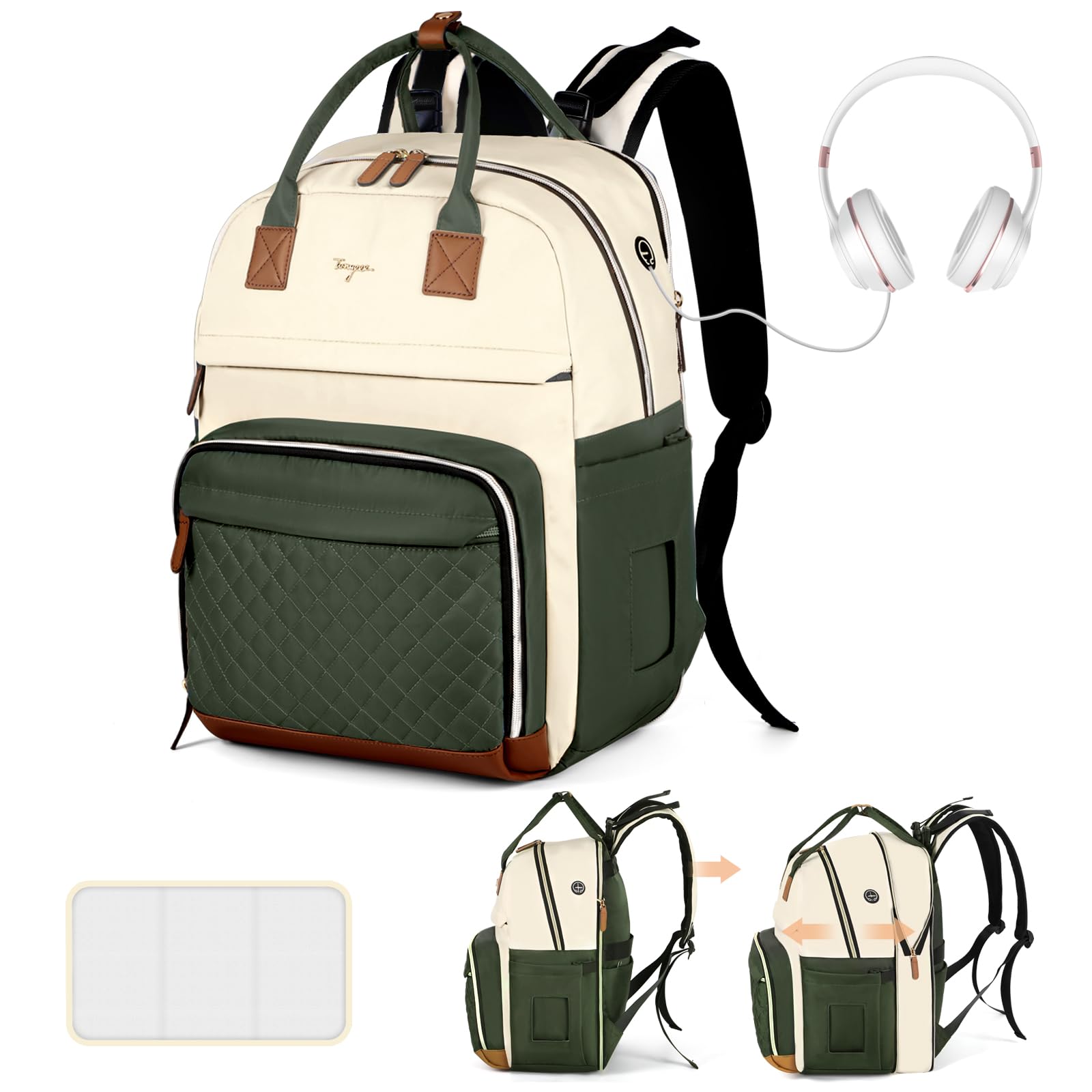 Photo 1 of Tonyeee Diaper Bag Backpack - Extra Large Diaper Bag for 2 Kids Twin, Travel Baby Bags for Mom Dad 25-37L Expandable with Changing Pad Earphone Hole, Apricot Green