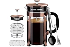 French Press, Premium 8 Cup 34-Ounce No Grounds Coffee Tea Maker, 4 Level Filtration System & Extra 4 Filters Screen, 2 Spoon