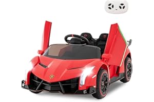 INFANS 2 Seater Kids Ride on Car, 12V 4WD Licensed Lamborghini Veneno Powered Electric Vehicle with Hydraulic Doors, Rocking Mode, Adjustable Speeds, Remote Control, MP3, Headlight (Red)