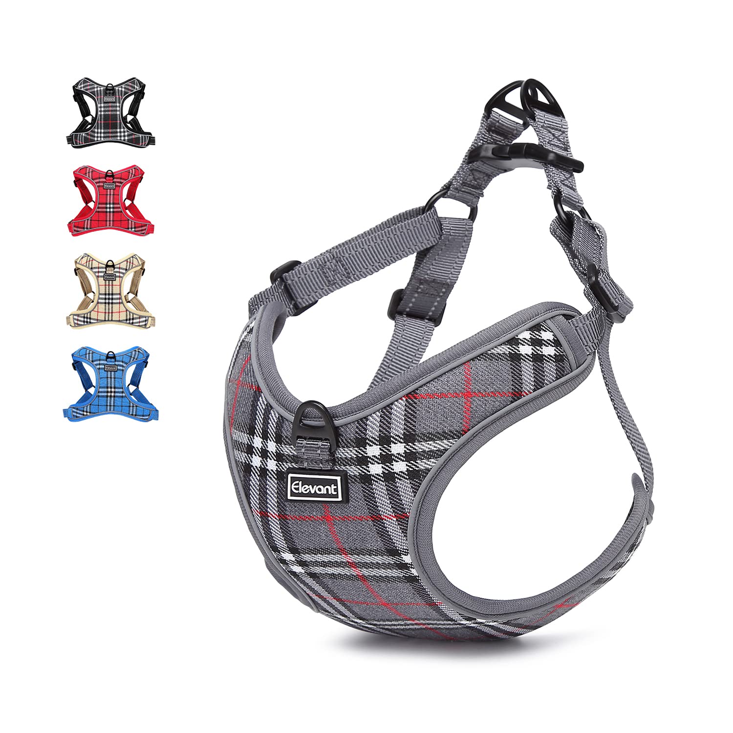 Elevant Adjustable Dog Harness, Step-in Reflective Breathable Durable Harness, Soft Padded Lightweight Vest Harness with Front Clip for Outdoor Walking Running (XS, Grey Plaid)