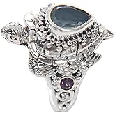 NOVICA Artisan Handmade Multi Gemstone Cocktail Ring Turtle Theme from Bali .925 Sterling Silver Citrine Blue Topaz Amethyst Multigem Multicolor Domed Indonesia 'Sea Turtle Enchantment'