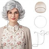 Rthjsfj 5Pcs Old Lady Wig Set for Women, Short Grey Curly Grandma Wig with Wig Cap, Pearl Necklace, Glasses & Chain - Old Lady Costume for Halloween Cosplay Role Playing Party (Light Grey)