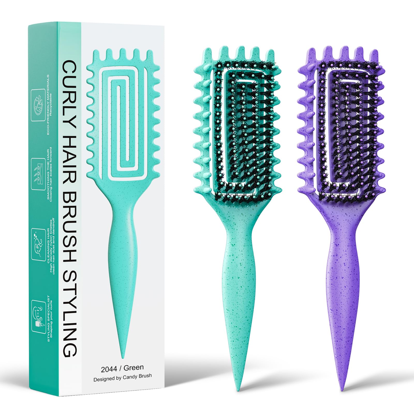 Photo 1 of 2-Pack Curly Hair Brush, Curl Defining Brush with Soft Boar Bristles Detangling Tangled Glides,Wide-Teeth Design Effortlessly Shaping & Defining Curls,Curling Definer for Wet & Dry Hair (Green Purple)