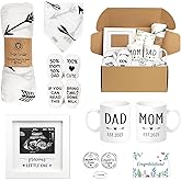 Pregnancy Gifts for New Parents Est 2025- New Mom Gifts Basket for Pregnancy Announcement, Baby Shower - Mom & Dad Mugs, Decision Coin, Ultrasound Frame, Swaddle Blanket, Bib, Socks