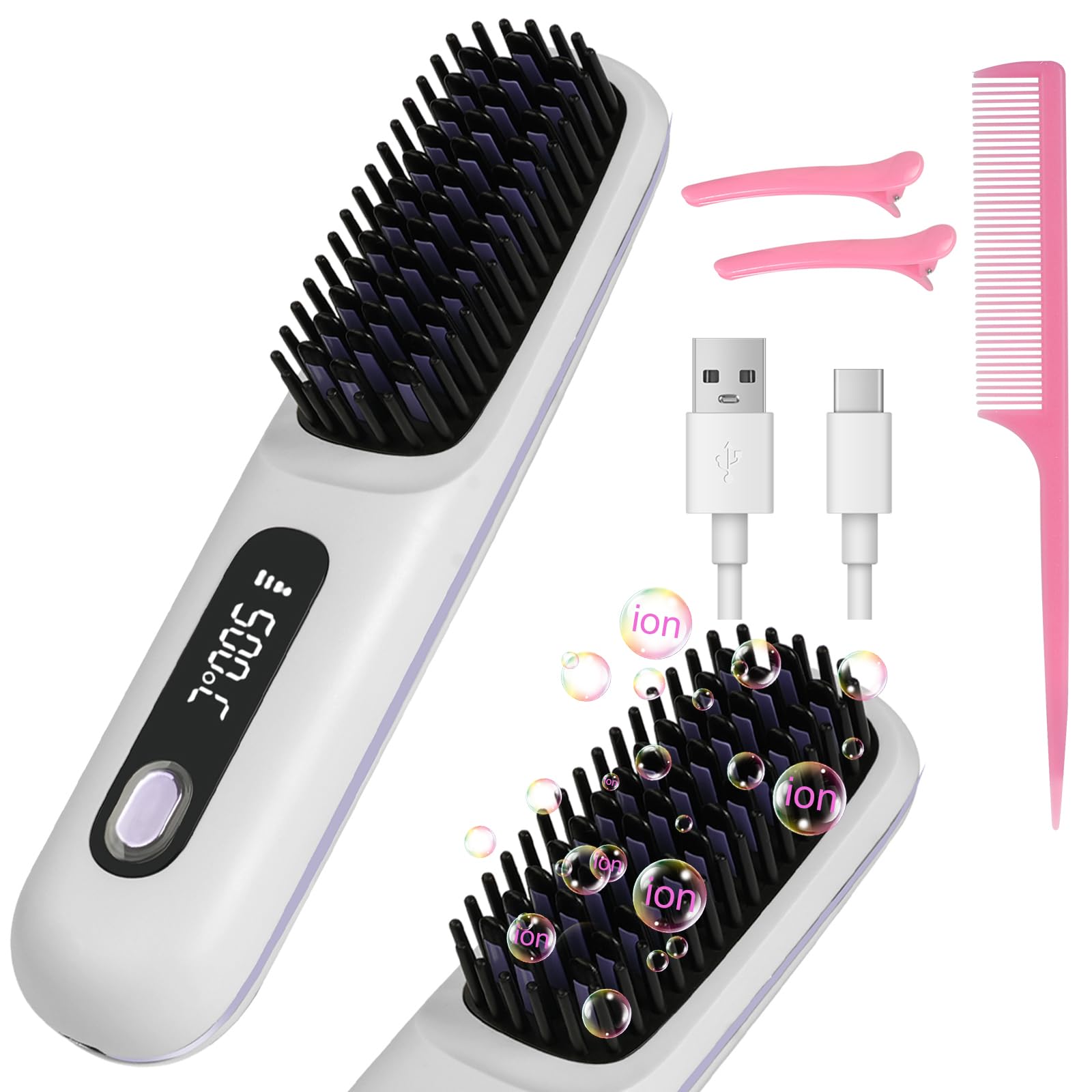 LOPHE Go Brush Pro Negative Ion Hair Straightening Brush, Hair Straightener Comb with 3 Temperature Modes & LED Screen,Anti-Scalding 20s Heat, Rechargeable Ceramic HairBrush for Smooth Frizz Free Hair