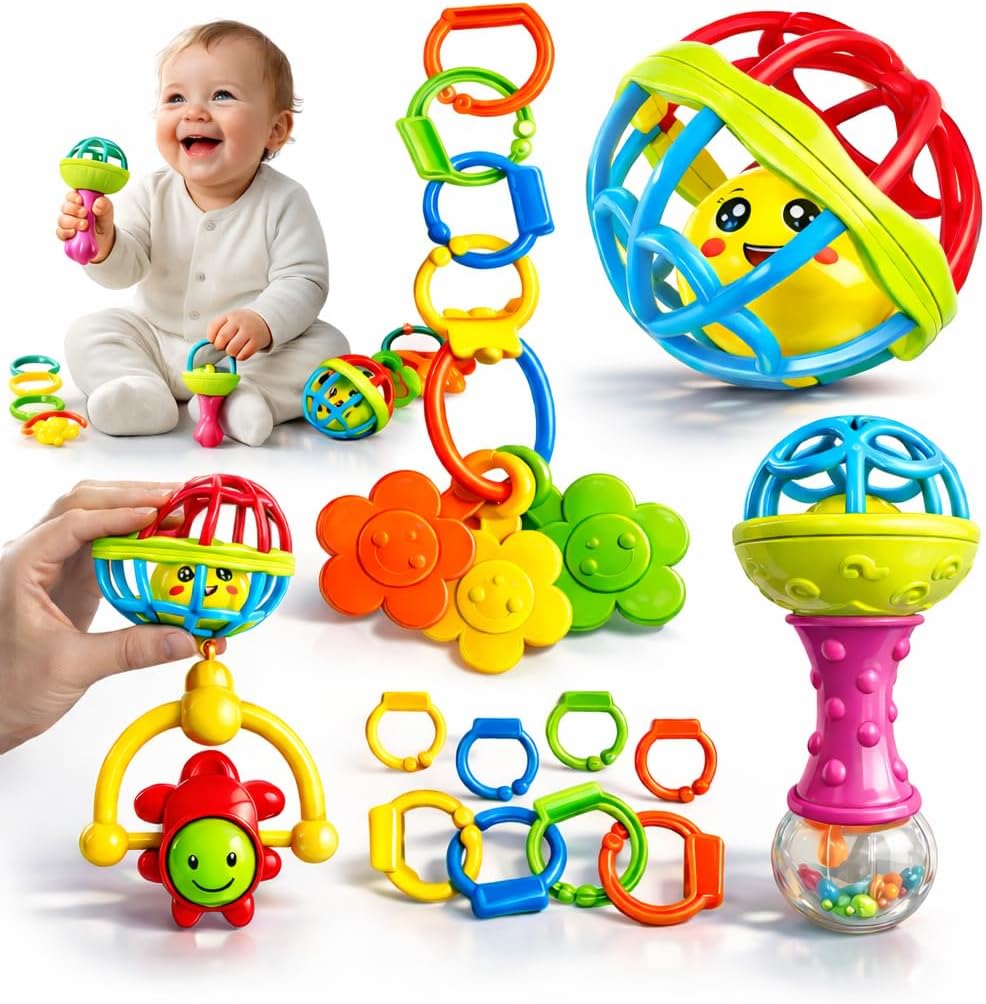 Kit Chocalho para Bebê 8 Peças Brinquedo Bebe 0 a 6 Meses Educativo Sensorial Mordedor Infantil Colorido Desenvolvimento Motor