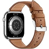 Bestig Leather Bands Compatible with Apple Watch Band 38mm 40mm 41mm 42mm(Series 10 11) for Women Men, Wristband Strap for iWatch SE3/2/1&Series 9 8 7 6 5 4 3 2 1(Brown+Silver)