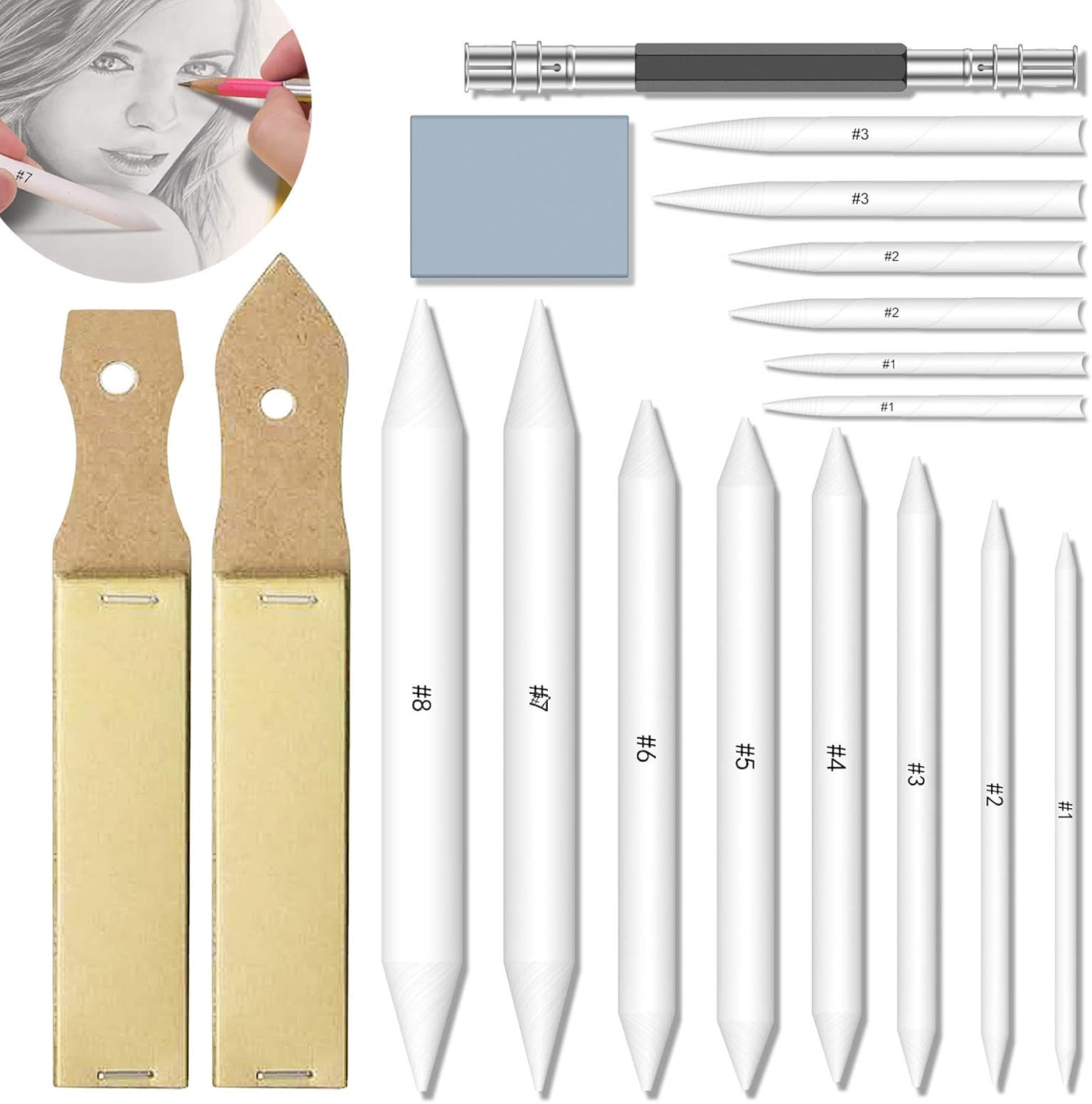 ANXEN 18 Pcs Blending Stumps Set for Drawing and Tortillions Paper Art Blenders with 2 Sandpaper Pencil Sharpeners, Pencil Extension Tool and Kneaded Eraser for Student Sketch Drawing Tools