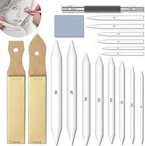 ANXEN 18 Pcs Blending Stumps Set for Drawing and Tortillions Paper Art Blenders with 2 Sandpaper Pencil Sharpeners, Pencil Extension Tool and Kneaded Eraser for Student Sketch Drawing Tools