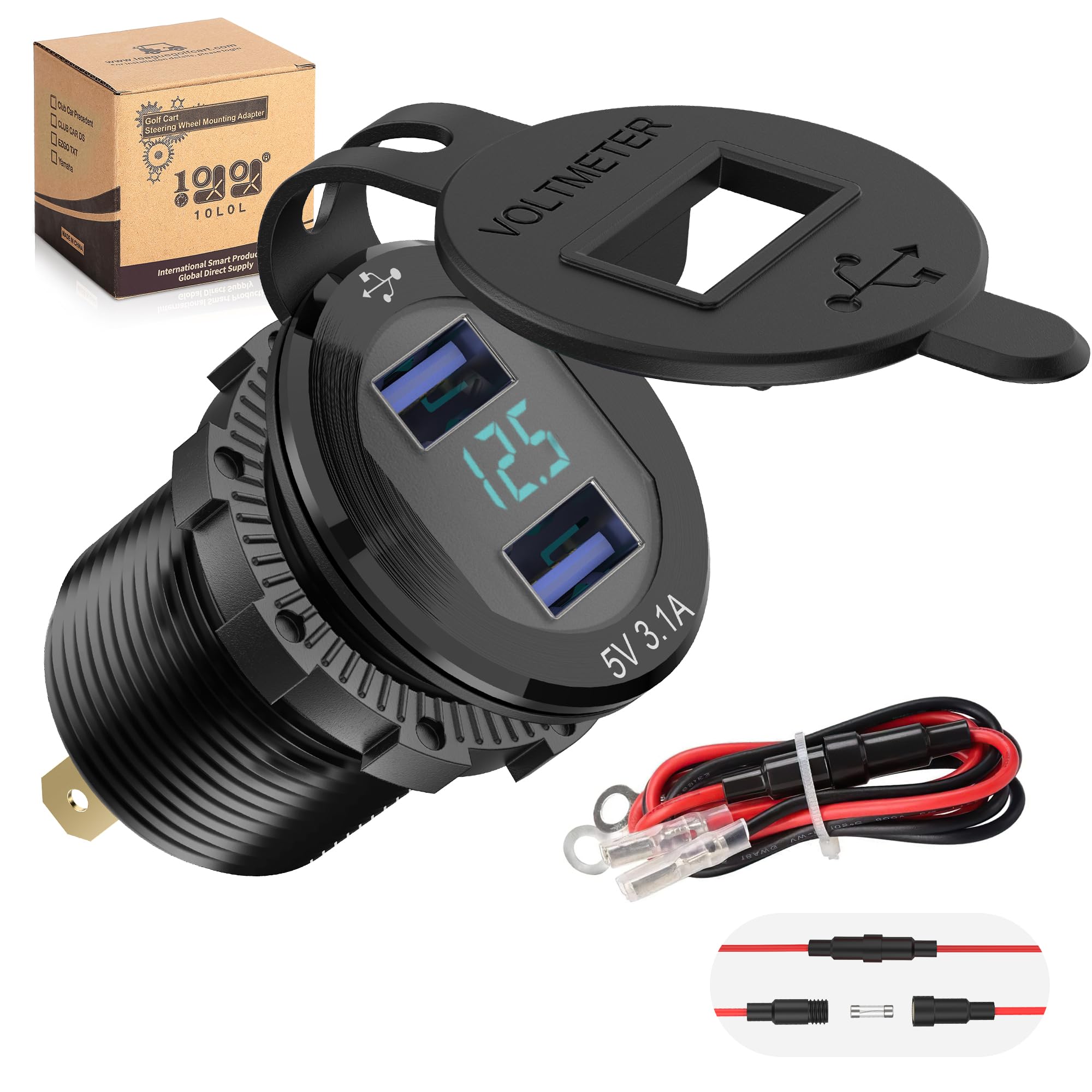 10L0L Golf Cart Quick Charge 3.1 Dual USB Charger,2 in 1 USB Ports & LED Display Voltage Meter Universal for Yamaha,Club Car,EZGO,Metal Shell Safe Charging Socket 9V-48V Wide Voltage Input — image 1