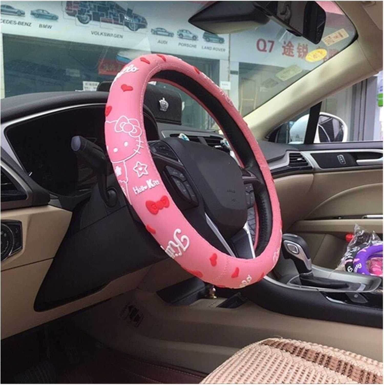 Amazon Co Jp ハンドルカバー キティ猫車のステアリングカバー天然ゴム健康通気性38センチメートルステアリングホイール漫画のカーアクセサリー Color Name Pink ホーム キッチン