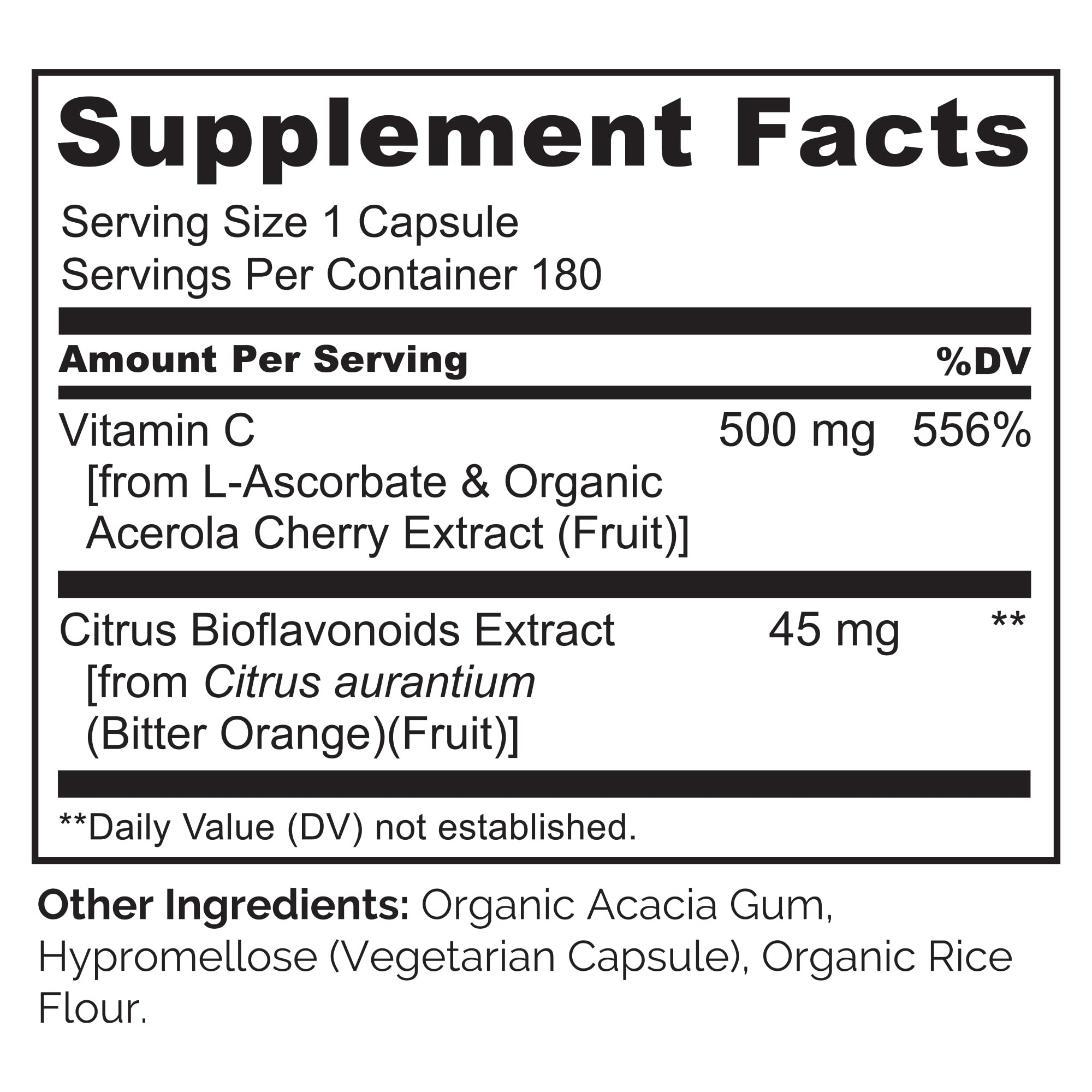 NATURELO Vitamin C with Organic Acerola Cherry Extract and Citrus Bioflavonoids - Vegan Supplement - Immune Support - 500 mg VIT C per Cap - Non-GMO - 180 Capsules