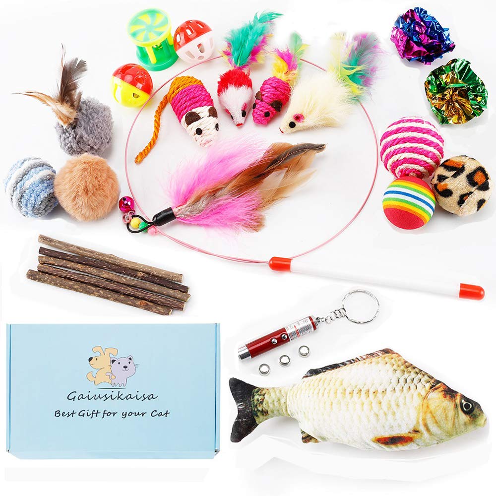 Cat Toys Variety Pack for Kitten, 23Pcs, Cat Teaser Wand,Interactive Feather Toy,Catnip Fish,Catnip Matatabi Chew Sticks,Cat Toys Interactive LED Light,Fluffy Mouse,Crinkle Balls Bells,Scratching Toys