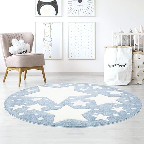 Taracarpet Kinderzimmer und Jugendzimmer Teppich Dreamland Kinderzimmerteppich Sterne blau Creme 120x120 cm rund