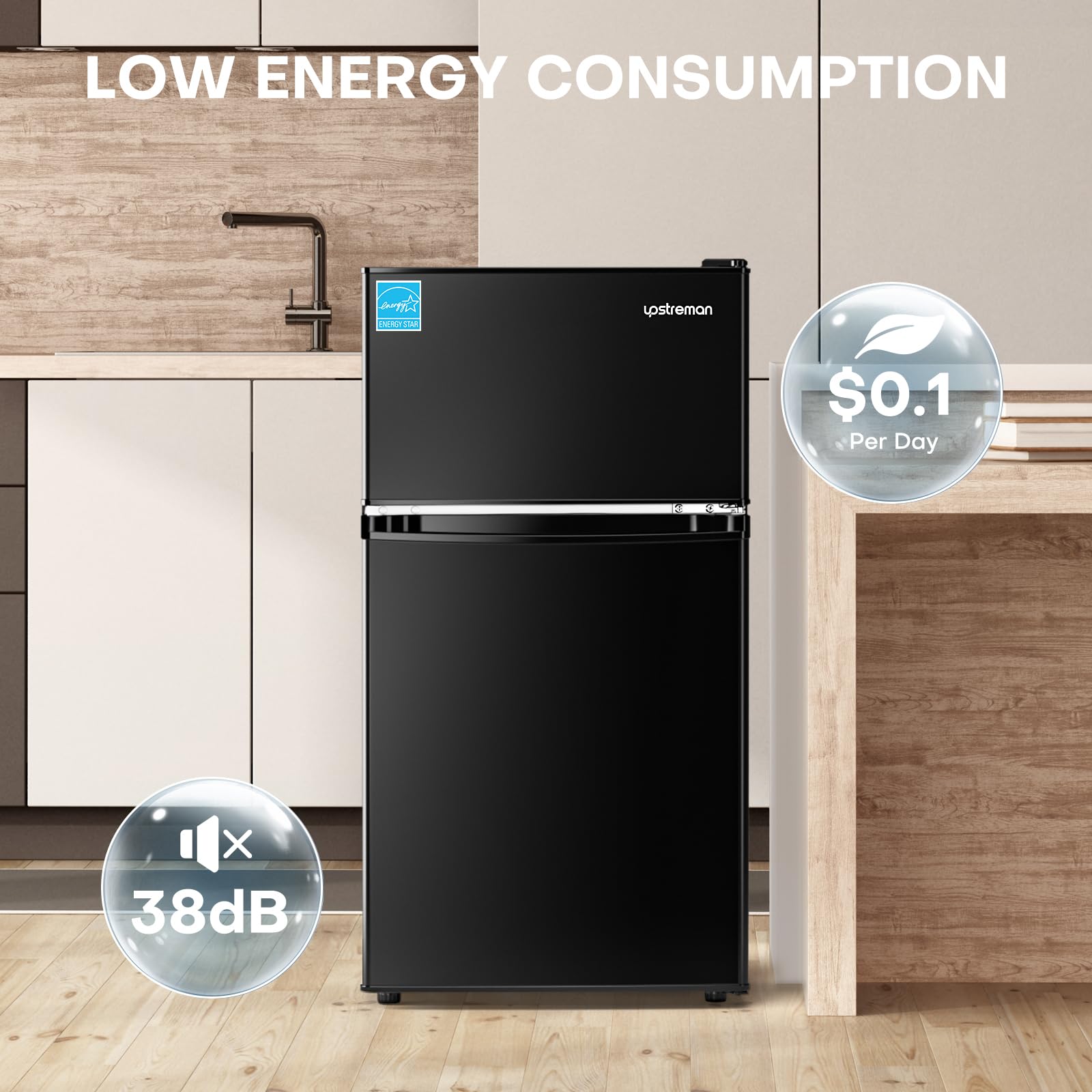 Upstreman 3.1 Cu.Ft Mini Fridge with Freezer, Double Door Small Fridge, Dorm Essentials, Adjustable Thermostat, Energy Saving, Mini Refrigerator for Office, Dorm, Bedroom, Black