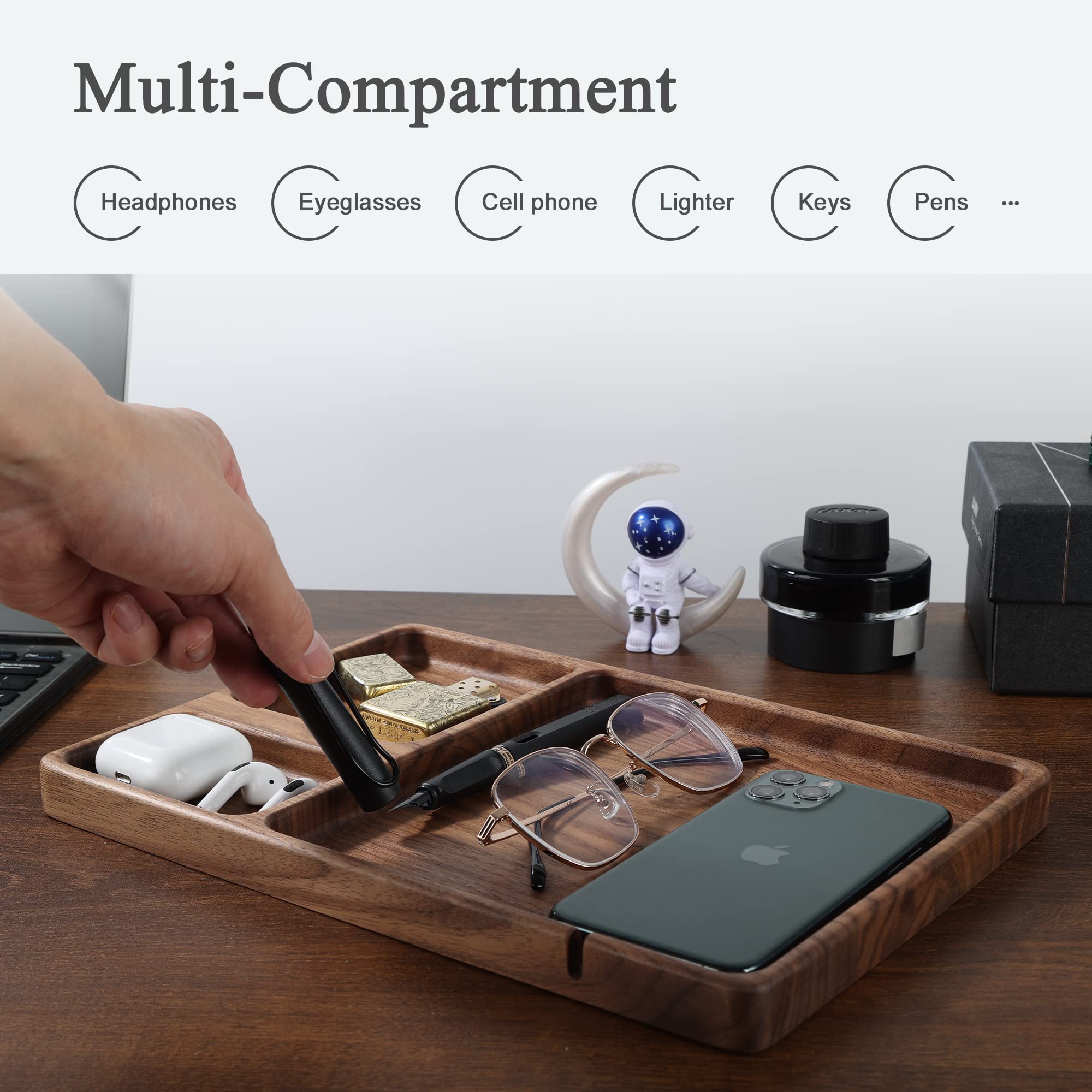 Walnut Wooden Valet Tray – Bedside Table Organizer for Men Dad, EDC Catch All Tray with Cable Slot (11.4 x 7.9 x 0.8 Inch)